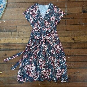 Garnet Hill “The Wrap Dress” floral Tencel jersey wrap midi length size medium